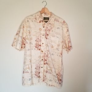 Eddie Bauer Sport Shop 100% cotton map design short sleeve shirt Cream Brown L